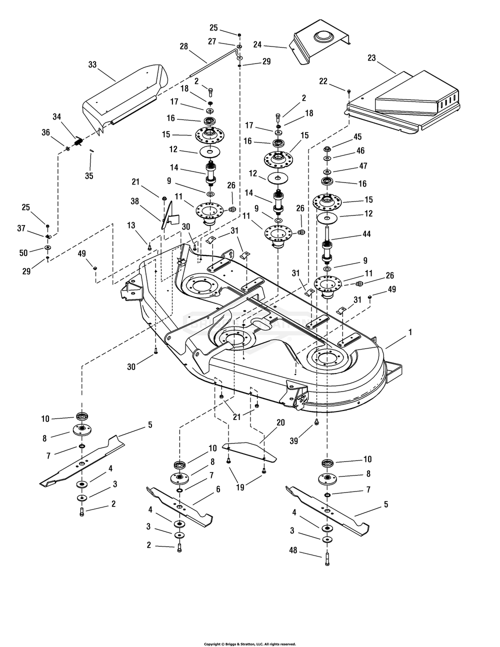 54-Inch Mower Deck - Housing And Arbor Group Diagram and Parts List for 107250070 (2691088-00)(2012) Briggs and Stratton Lawn Tractor